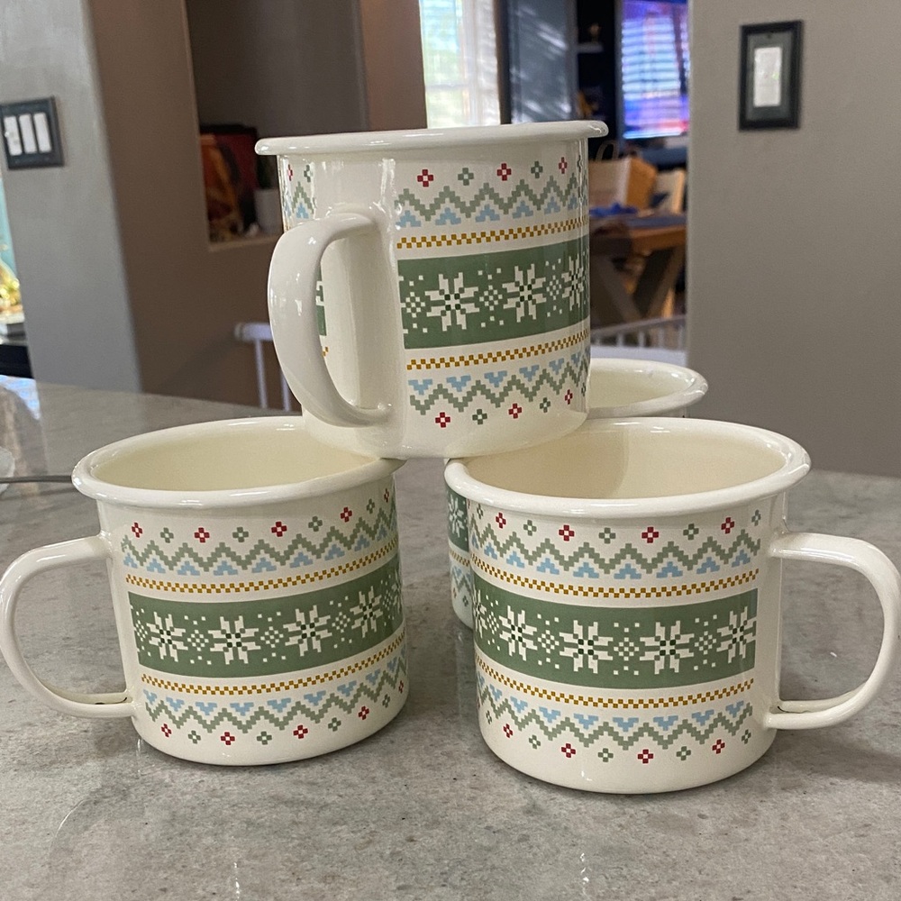 BNWNT Cup of Comport 4 Enamel Green and Cream Mug Set
